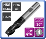 4 Flute End Mills HSS 8% Cobalt TiAlN Coated 40HRC