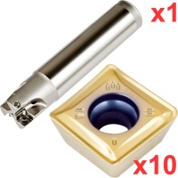 90 End Milling Set 25mm Diameter 120mm Long 25mm Plain Shank with 10 General Purpose SDKT 09T308 Inserts