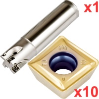 90 End Milling Set 32mm Diameter 130mm Long 32mm Plain Shank with 10 General Purpose SDKT 09T308 Inserts