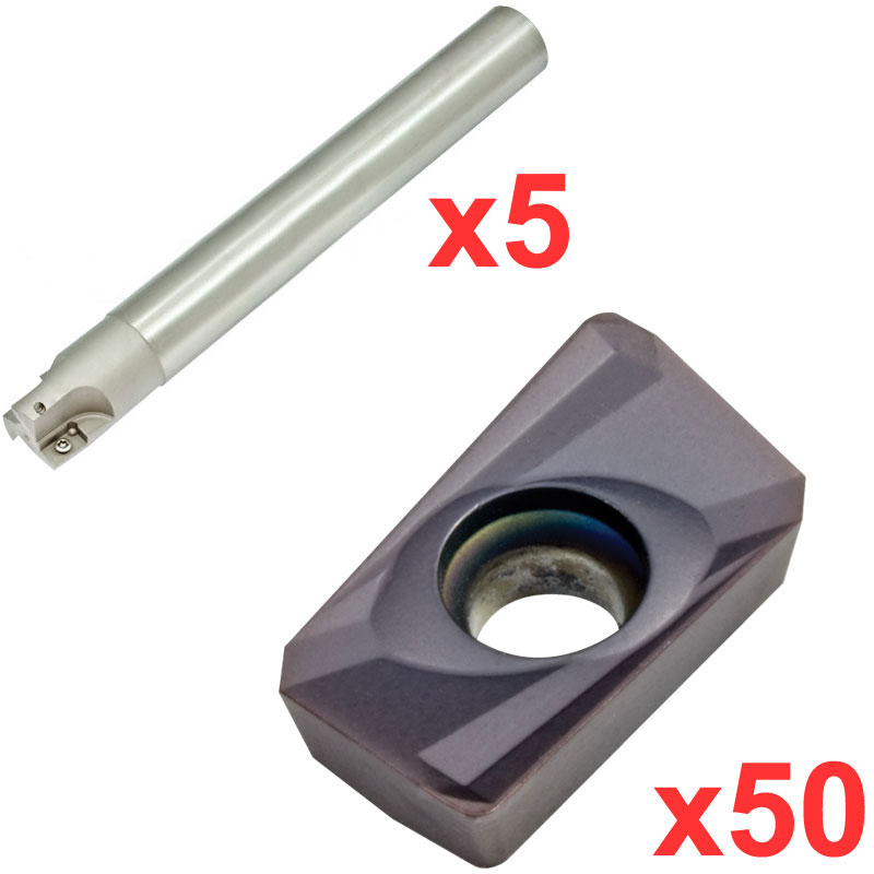 Economy 90° End Milling Set 5 End Mills 10, 12, 16, 20, 25mm Diameter with 50 General Purpose