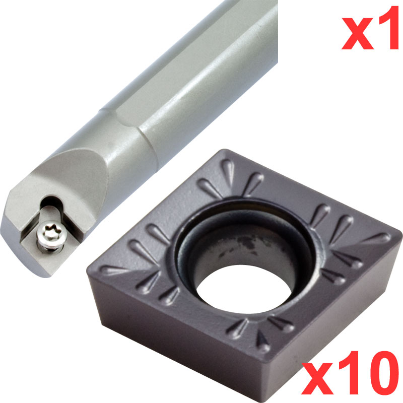 Boring Bar Set 95 deg 10mm dia Shank with 10 CCMT 060204 Inserts for Stainless Associated