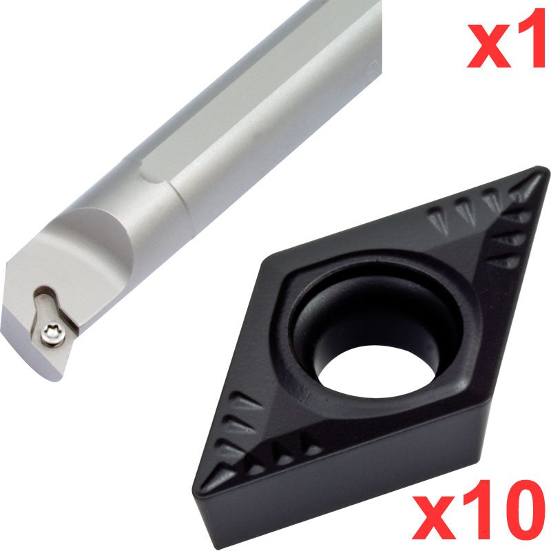 Boring Bar Set 93 deg 10mm dia Shank with 10 DCMT 070204 Inserts for Steel Associated Production